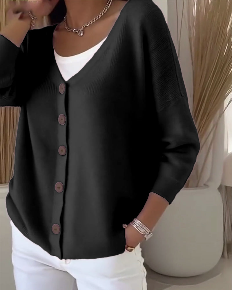 Solid-Color Buttoned Sweater