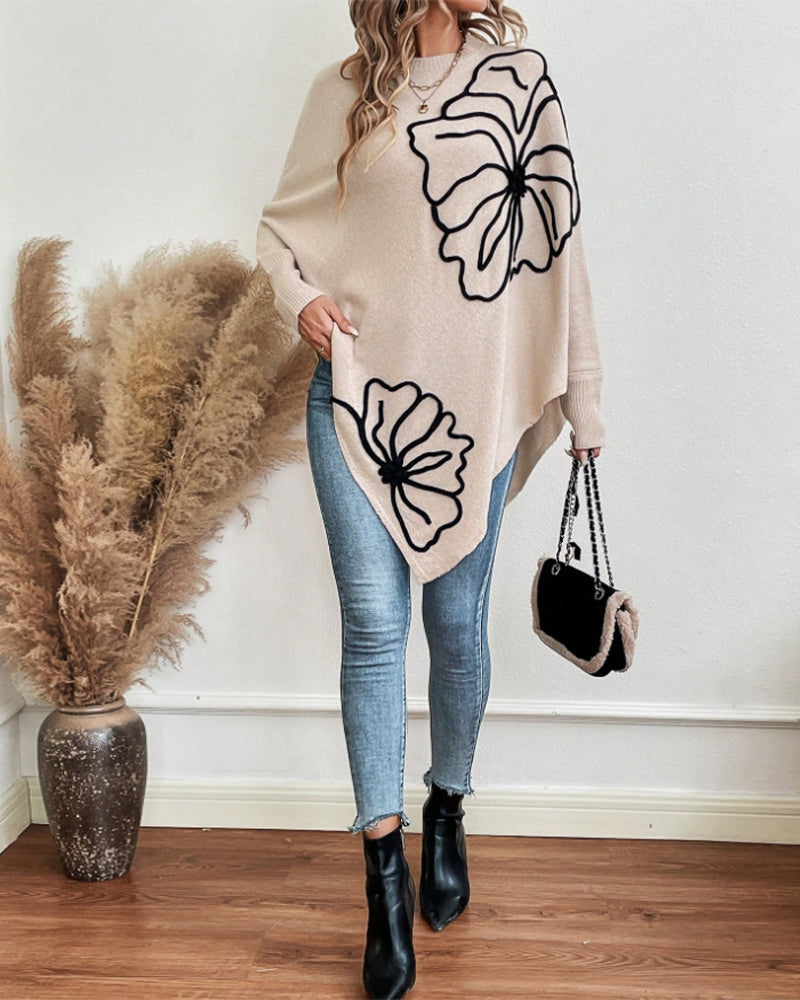 Floral Loose Fit Sweater with Bat Sleeves