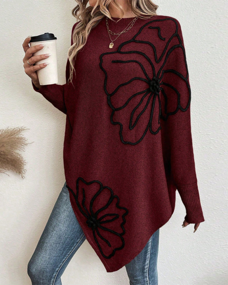 Floral Loose Fit Sweater with Bat Sleeves