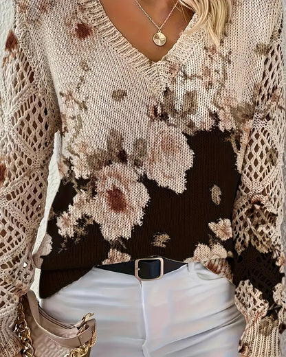 V-Neck Floral Print Hollow Sweater