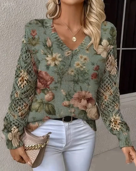 Jacquard V-Neck Hollow Long-Sleeved Pullover