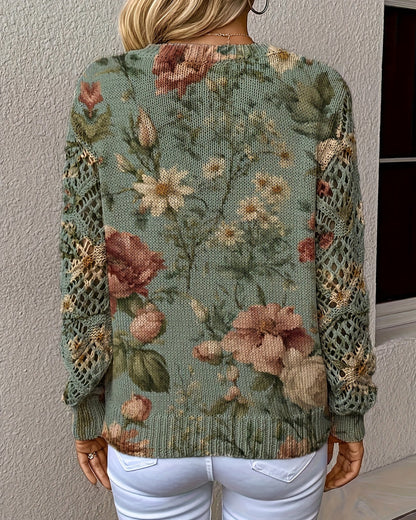 Jacquard V-Neck Hollow Long-Sleeved Pullover