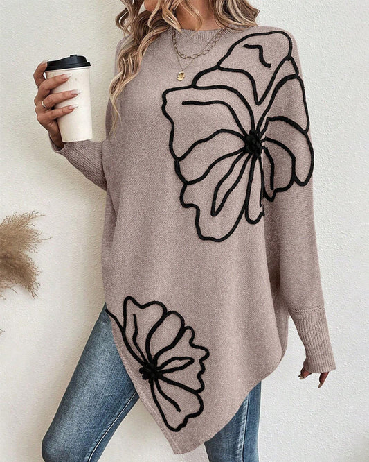 Floral Loose Fit Sweater with Bat Sleeves